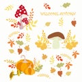 Welcome autumn banner colorful doodle art. Sketch of leaves, pumpkin, apple, pear, mushrooms Royalty Free Stock Photo